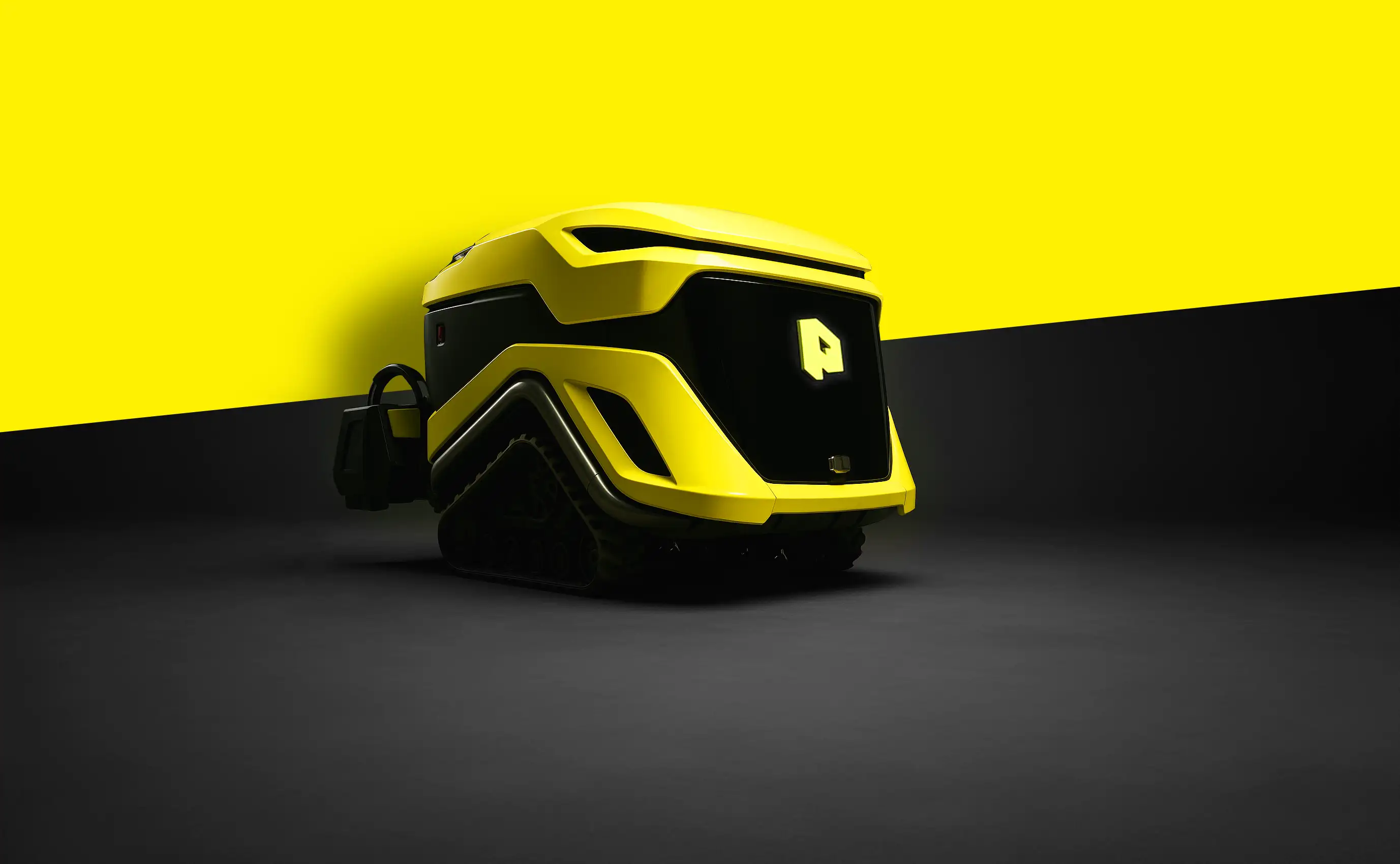 Pixelrunner – the world’s first large-area landscape printer in bold yellow and black design, positioned against a high-contrast yellow and black background.