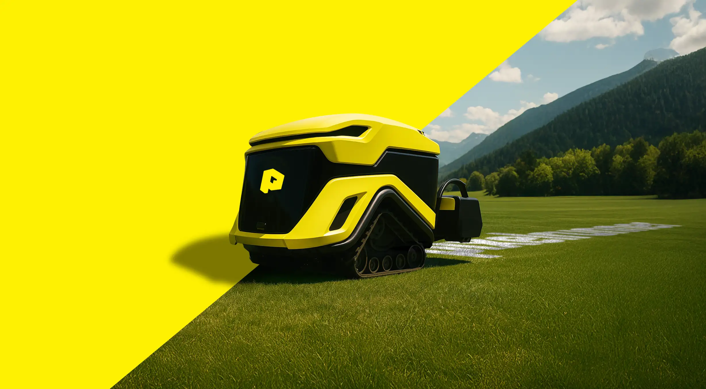 Pixelrunner landscape printer driving over a grassy field, transitioning visually from a bold yellow background into a natural outdoor mountain setting.