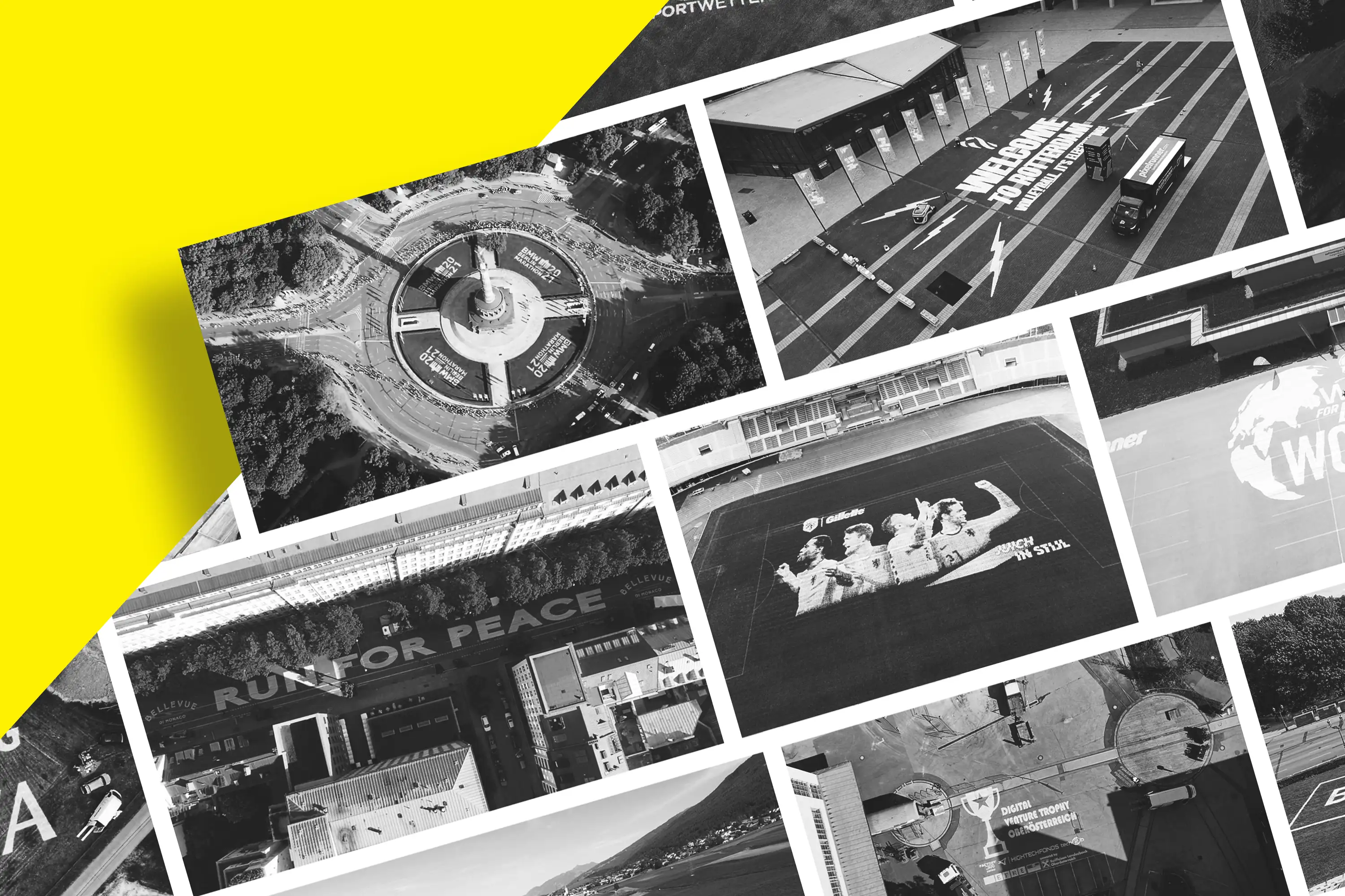 Aerial view collage of real Pixelrunner projects printed on roads, plazas, and sports fields, demonstrating large-scale outdoor messaging.