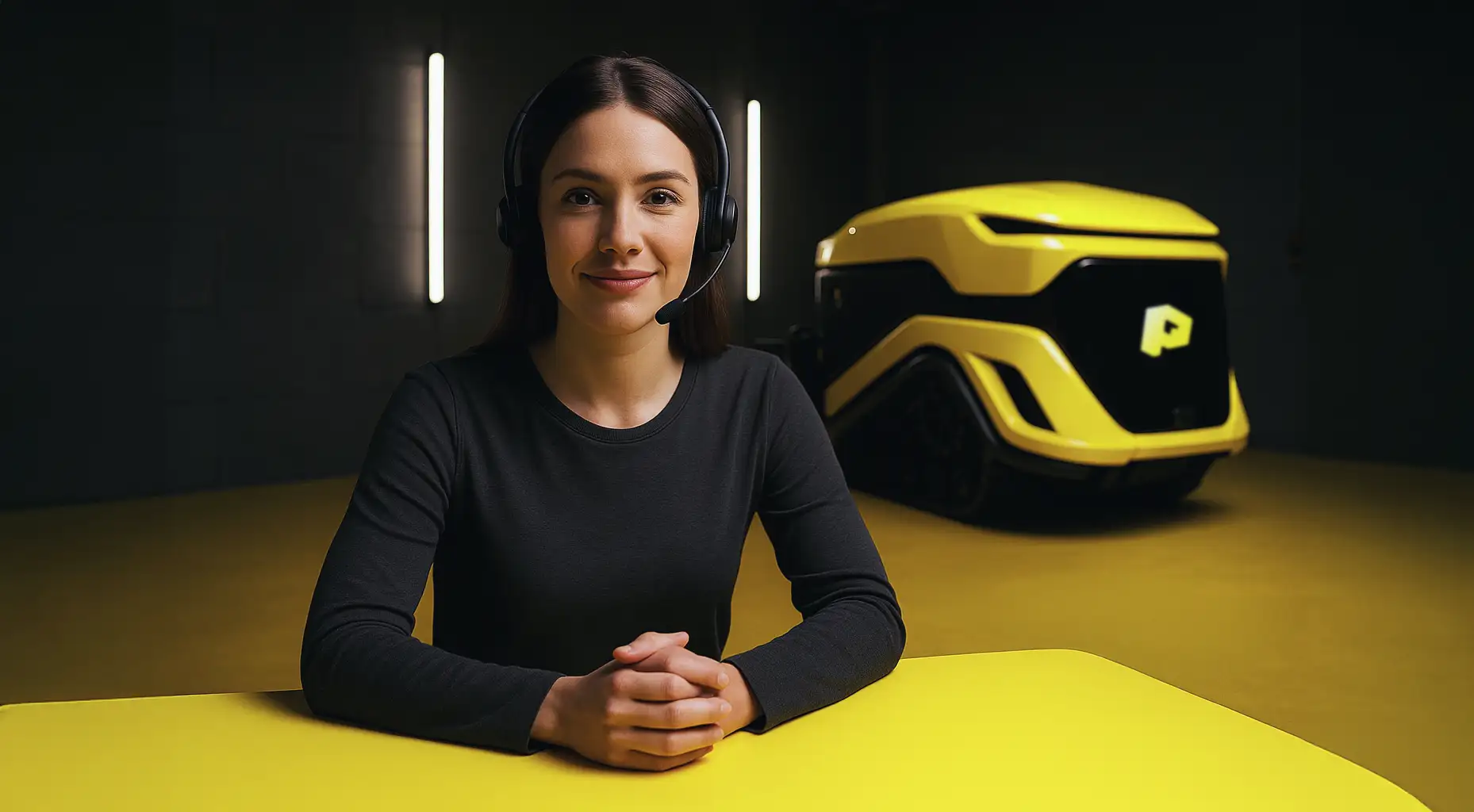 Pixelrunner female team member wearing a headset during a live demo call, with the printer in the background and warm ambient lighting.