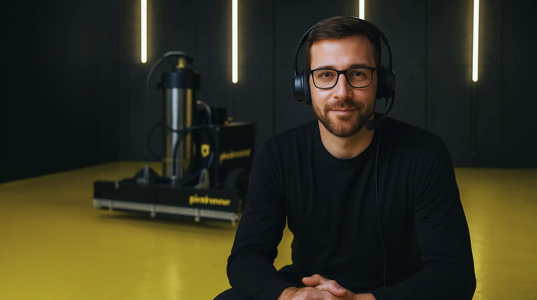 Pixelrunner team member wearing a headset during a live demo call, with the printer in the background and warm ambient lighting.