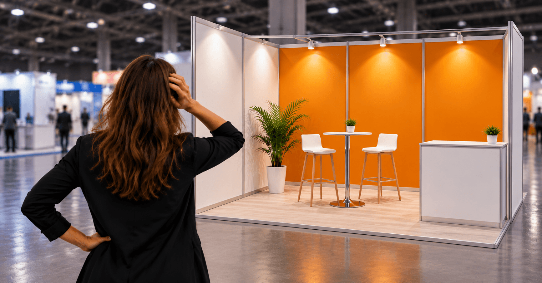 Vantive exhibition stand with purple branded graphics, a wall-mounted screen and a freestanding touchscreen kiosk