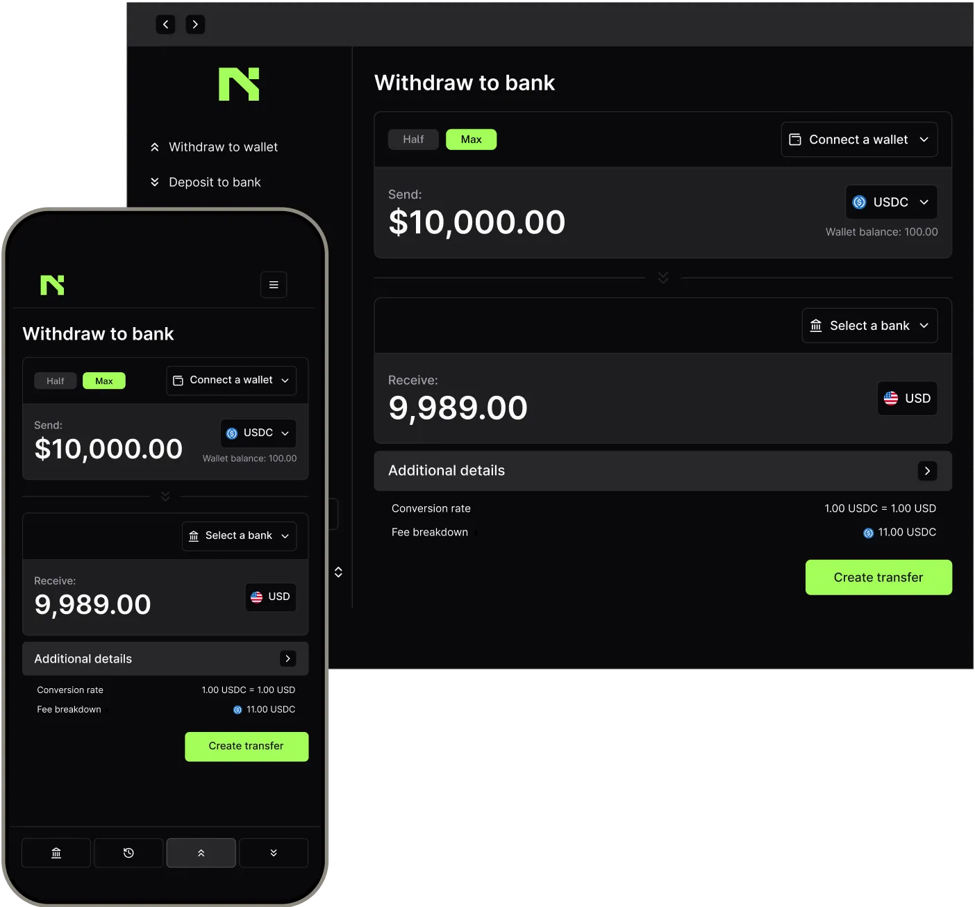 Embedded Ramp UI showing fiat-to-stablecoin conversion form in an app interface
