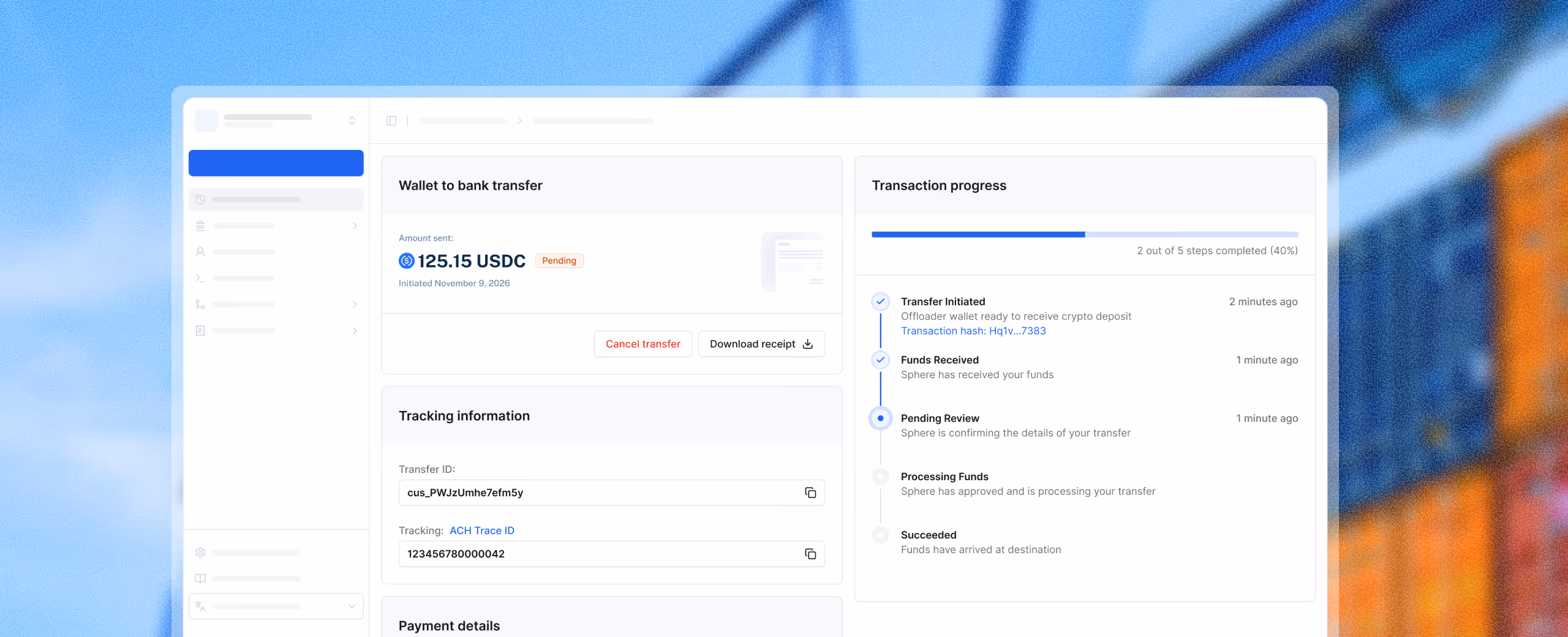 Screenshot of SpherePay Dashboard showing the tracking details of a payment transfer