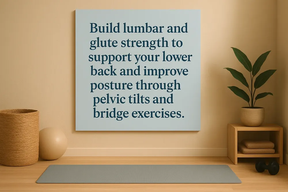 Build lumbar and glute strength to support your lower back and improve posture through pelvic tilts and bridge exercises.