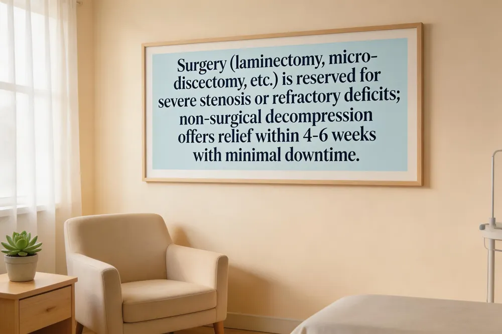 Surgery (laminectomy, micro‑discectomy, etc.) is reserved for severe stenosis or refractory deficits; non‑surgical decompression offers relief within 4‑6 weeks with minimal downtime.