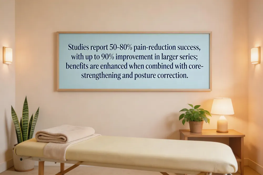 Studies report 50‑80 % pain‑reduction success, with up to 90 % improvement in larger series; benefits are enhanced when combined with core‑strengthening and posture correction.