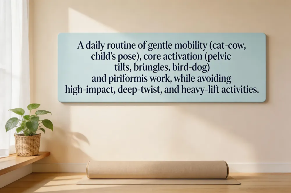 A daily routine of gentle mobility (cat‑cow, child’s pose), core activation (pelvic tilts, bridges, bird‑dog) and piriformis work, while avoiding high‑impact, deep‑twist, and heavy‑lift activities.
