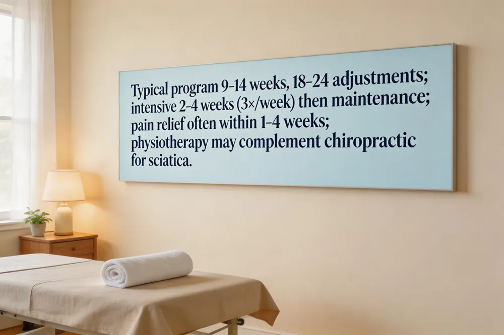 Typical program 9‑14 weeks, 18‑24 adjustments; intensive 2‑4 weeks (3×/week) then maintenance; pain relief often within 1‑4 weeks; physiotherapy may complement chiropractic for sciatica.