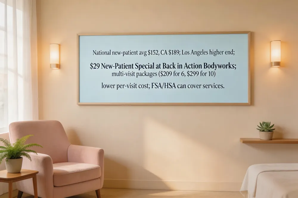 National new‑patient avg $152, CA $189; Los Angeles higher end; $29 New‑Patient Special at Back in Action Bodyworks; multi‑visit packages ($209 for 6, $299 for 10) lower per‑visit cost; FSA/HSA can cover services.
