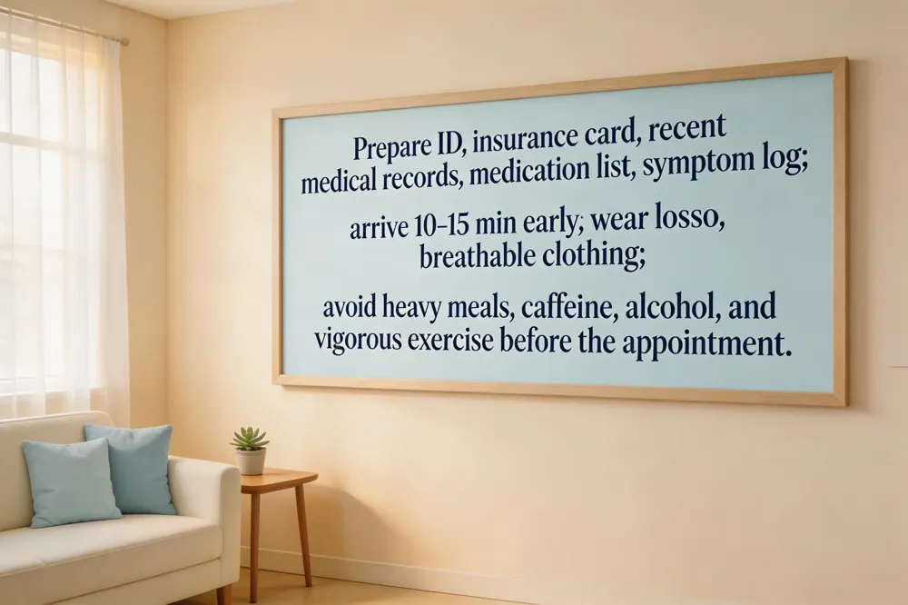 Prepare ID, insurance card, recent medical records, medication list, symptom log; arrive 10‑15 min early; wear loose, breathable clothing; avoid heavy meals, caffeine, alcohol, and vigorous exercise before the appointment.