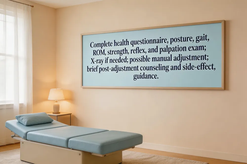 Complete health questionnaire; posture, gait, ROM, strength, reflex, and palpation exam; X‑ray if needed; possible manual adjustment; brief post‑adjustment counseling and side‑effect guidance.