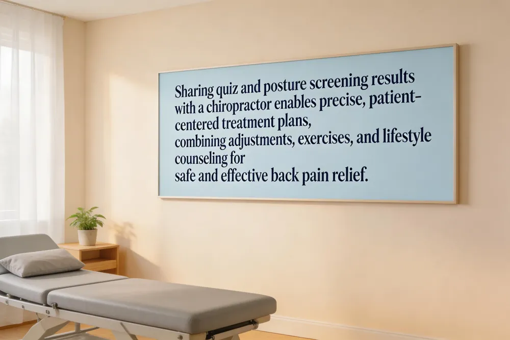 Sharing quiz and posture screening results with a chiropractor enables precise, patient‑centered treatment plans, combining adjustments, exercises, and lifestyle counseling for safe and effective back pain relief.