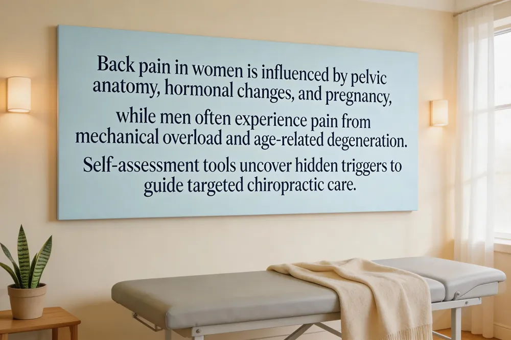Back pain in women is influenced by pelvic anatomy, hormonal changes, and pregnancy, while men often experience pain from mechanical overload and age‑related degeneration. Self‑assessment tools uncover hidden triggers to guide targeted chiropractic care.