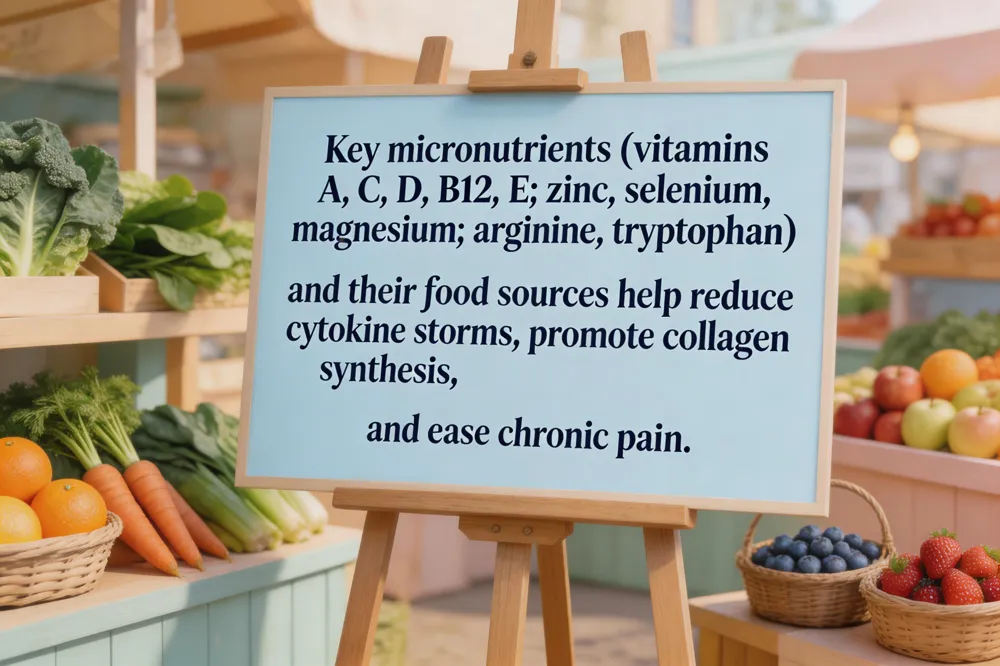 Key micronutrients (vitamins A, C, D, B12, E; zinc, selenium, magnesium; arginine, tryptophan) and their food sources help reduce cytokine storms, promote collagen synthesis, and ease chronic pain.