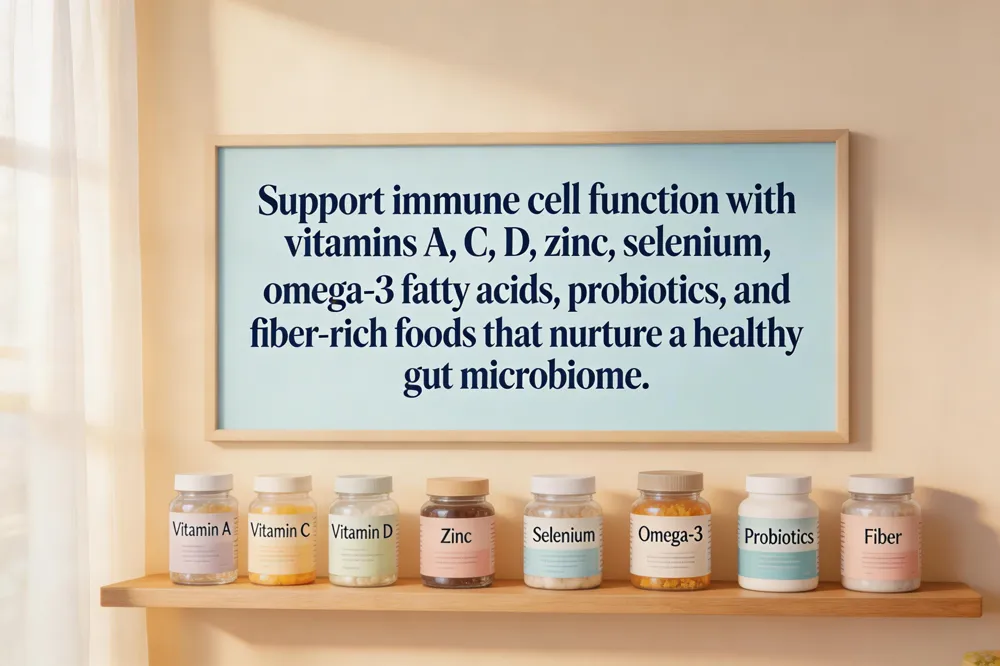 Support immune cell function with vitamins A, C, D, zinc, selenium, omega‑3 fatty acids, probiotics, and fiber‑rich foods that nurture a healthy gut microbiome.