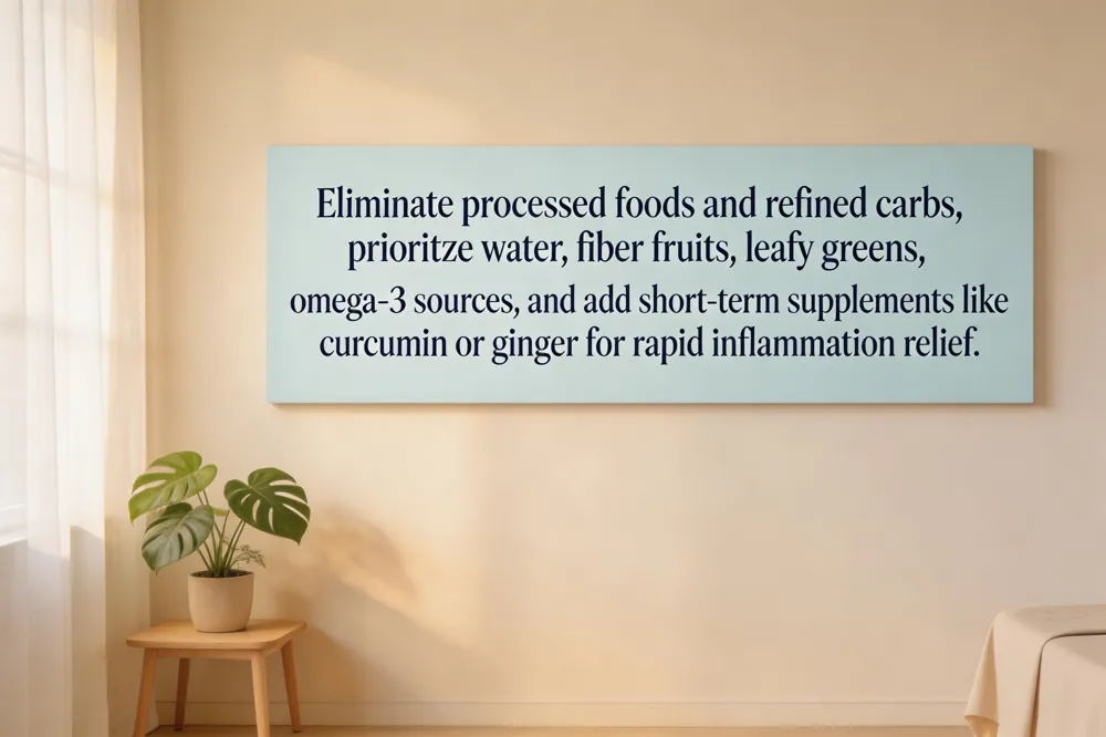 Eliminate processed foods and refined carbs, prioritize water,fiber fruits, leafy greens, omega‑3 sources, and add short‑term supplements like curcumin or ginger for rapid inflammation relief.