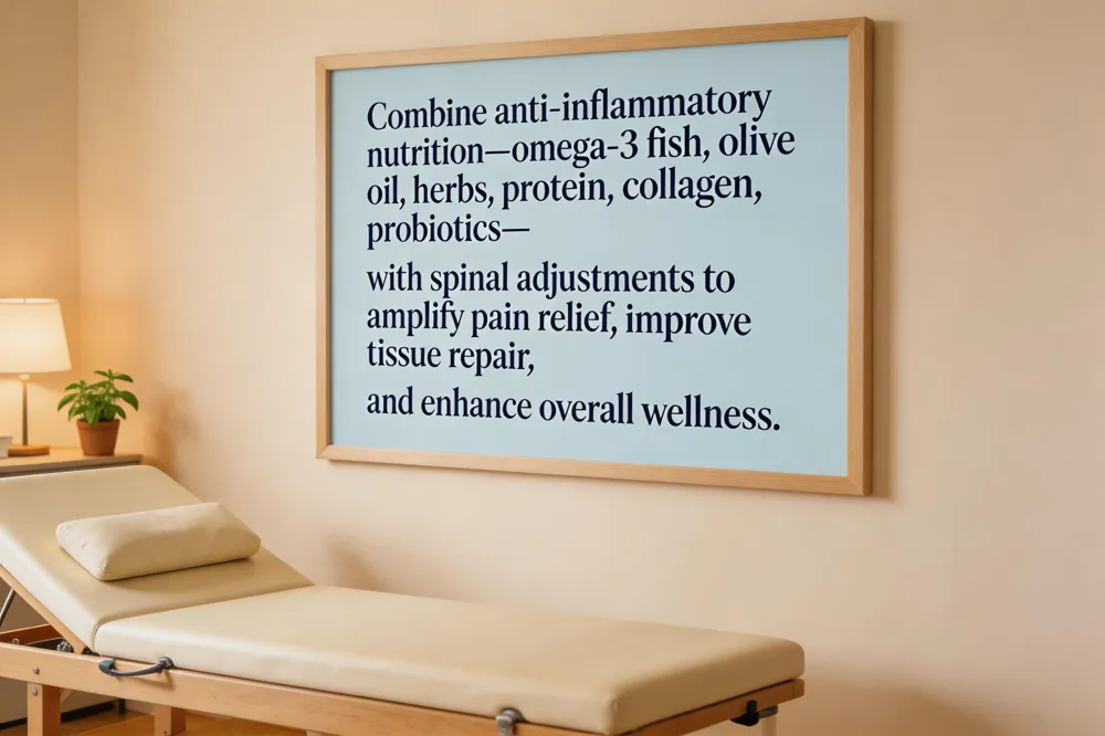 Combine anti‑inflammatory nutrition—omega‑3 fish, olive oil, herbs, protein, collagen, probiotics—with spinal adjustments to amplify pain relief, improve tissue repair, and enhance overall wellness.