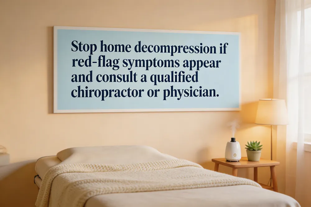 Stop home decompression if red‑flag symptoms appear and consult a qualified chiropractor or physician.