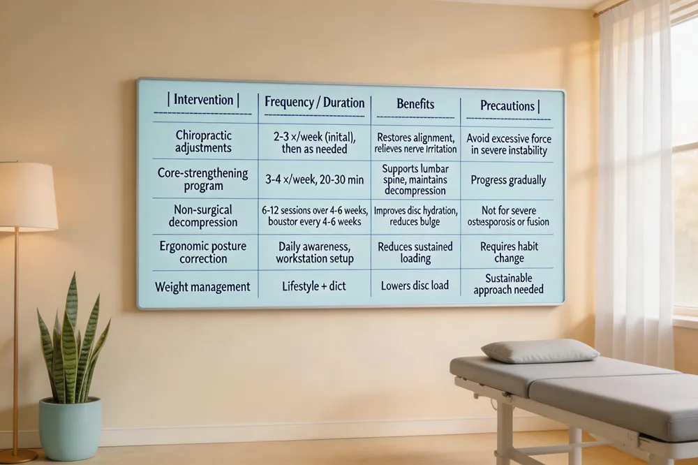| Intervention | Frequency / Duration | Benefits | Precautions |
|--------------|----------------------|----------|-------------|
| Chiropractic adjustments | 2‑3 × /week (initial), then as needed | Restores alignment, relieves nerve irritation | Avoid excessive force in severe instability |
| Core‑strengthening program | 3‑4 × /week, 20‑30 min | Supports lumbar spine, maintains decompression | Progress gradually |
| Non‑surgical decompression | 6‑12 sessions over 4‑6 weeks, then booster every 4‑6 weeks | Improves disc hydration, reduces bulge | Not for severe osteoporosis or fusion |
| Ergonomic posture correction | Daily awareness, workstation setup | Reduces sustained loading | Requires habit change |
| Weight management | Lifestyle + diet | Lowers disc load | Sustainable approach needed |