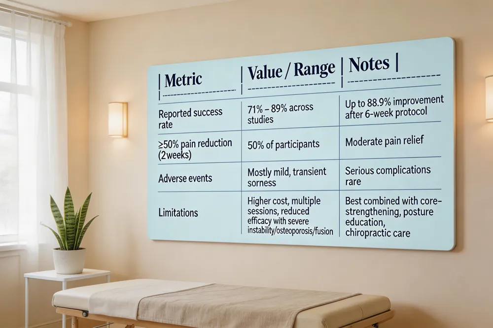 | Metric | Value / Range | Notes |
|--------|---------------|-------|
| Reported success rate | 71 % – 89 % across studies | Up to 88.9 % improvement after 6‑week protocol |
| ≥50 % pain reduction (2 weeks) | 50 % of participants | Moderate pain relief |
| Adverse events | Mostly mild, transient soreness | Serious complications rare |
| Limitations | Higher cost, multiple sessions, reduced efficacy with severe instability/osteoporosis/fusion | Best combined with core‑strengthening, posture education, chiropractic care |