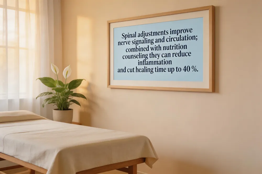 Spinal adjustments improve nerve signaling and circulation; combined with nutrition counseling they can reduce inflammation and cut healing time up to 40 %.