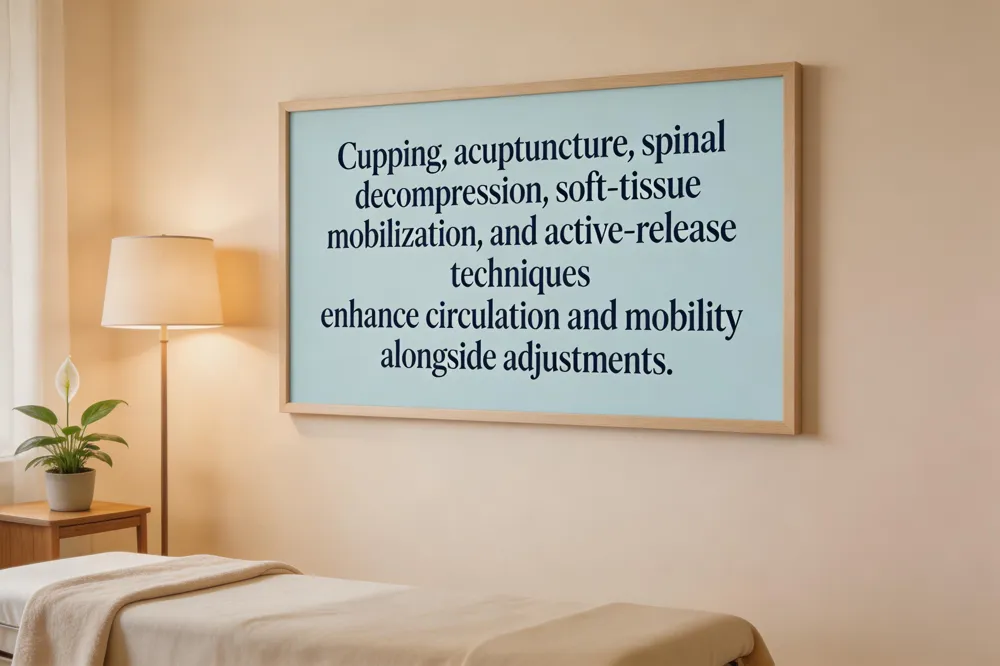 Cupping, acupuncture, spinal decompression, soft‑tissue mobilization, and active‑release techniques enhance circulation and mobility alongside adjustments.