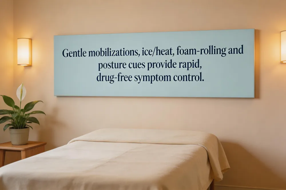 Gentle mobilizations, ice/heat, foam‑rolling and posture cues provide rapid, drug‑free symptom control.