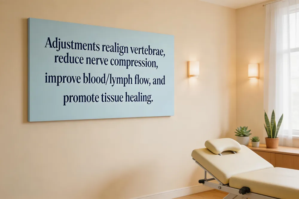 Adjustments realign vertebrae, reduce nerve compression, improve blood/lymph flow, and promote tissue healing.