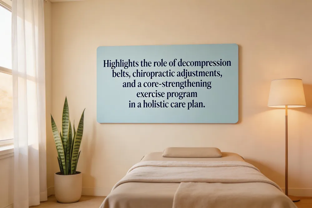 Highlights the role of decompression belts, chiropractic adjustments, and a core‑strengthening exercise program in a holistic care plan.