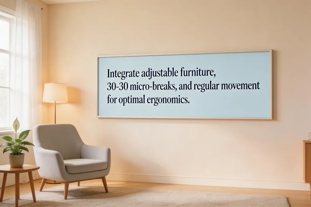 Integrate adjustable furniture, 30‑30 micro‑breaks, and regular movement for optimal ergonomics.
