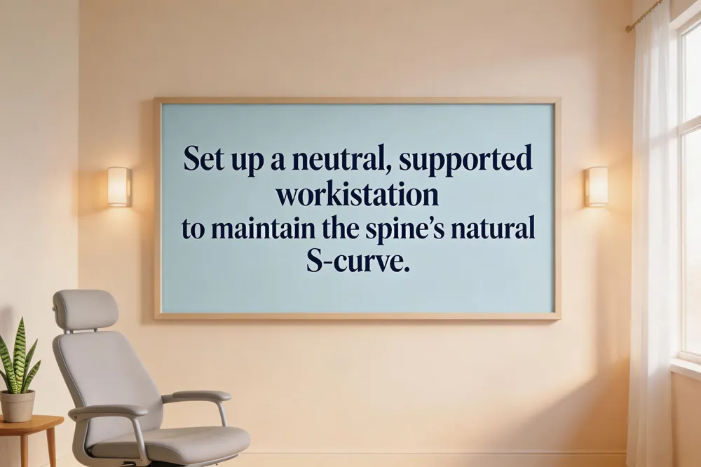 Set up a neutral, supported workstation to maintain the spine’s natural S‑curve.