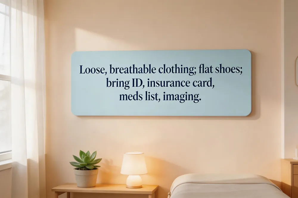 Loose, breathable clothing; flat shoes; bring ID, insurance card, meds list, imaging.