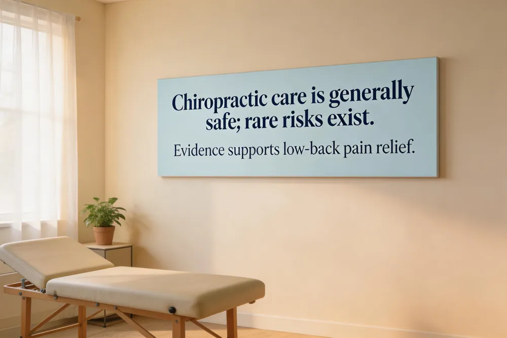 Chiropractic care is generally safe; rare risks exist. Evidence supports low‑back pain relief.