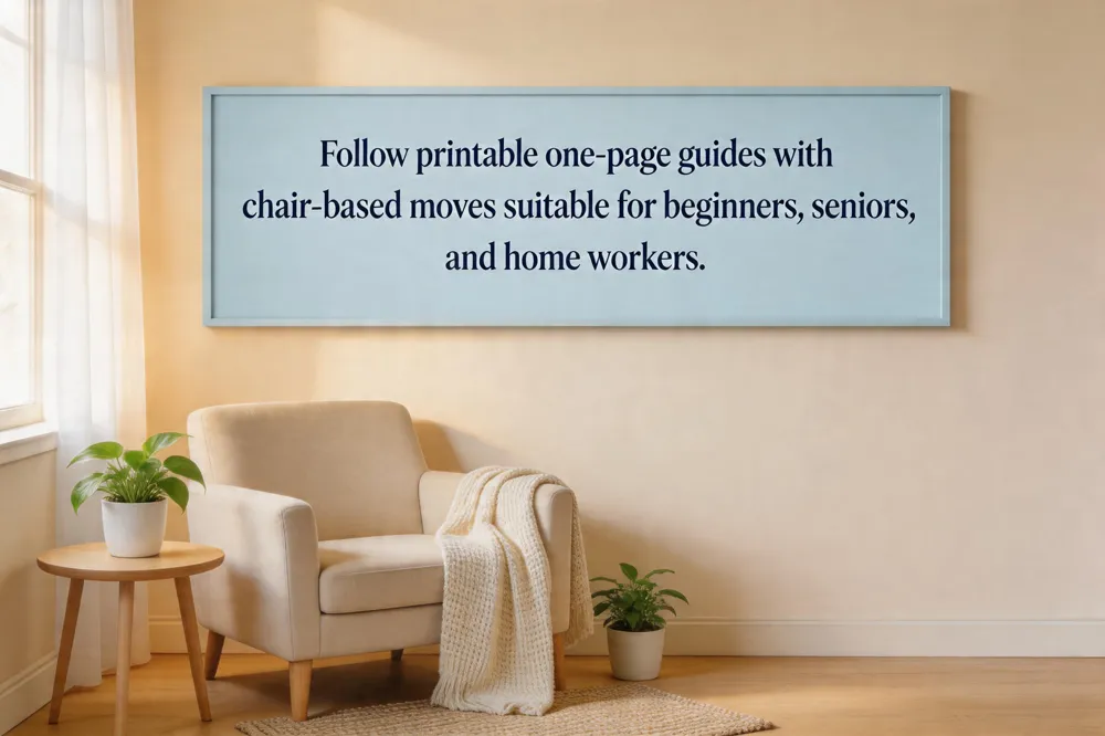 Follow printable one‑page guides with chair‑based moves suitable for beginners, seniors, and home workers.