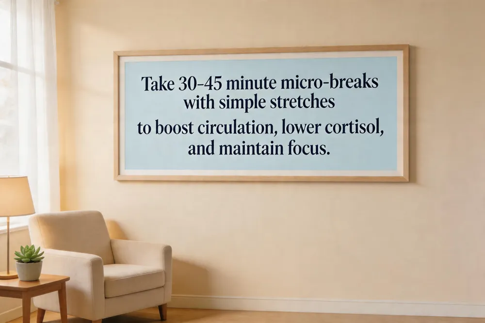 Take 30‑45 minute micro‑breaks with simple stretches to boost circulation, lower cortisol, and maintain focus.