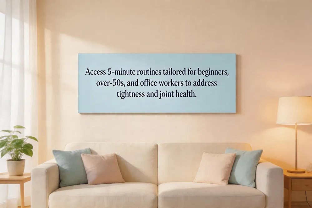 Access 5‑minute routines tailored for beginners, over‑50s, and office workers to address tightness and joint health.