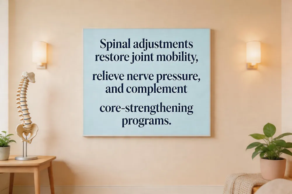 Spinal adjustments restore joint mobility, relieve nerve pressure, and complement core‑strengthening programs.