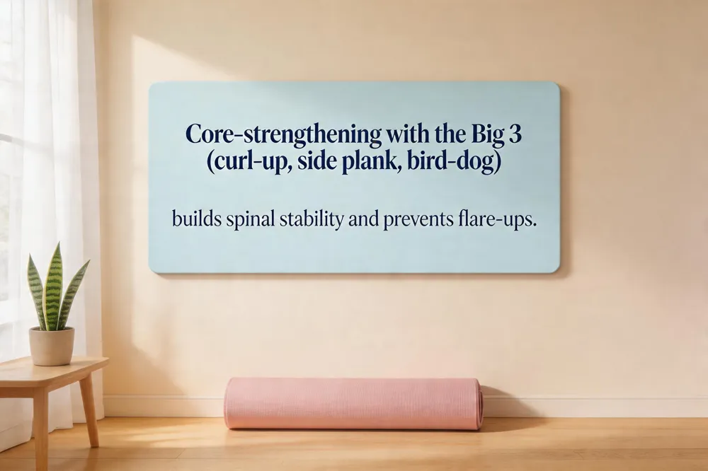 Core‑strengthening with the Big 3 (curl‑up, side plank, bird‑dog) builds spinal stability and prevents flare‑ups.