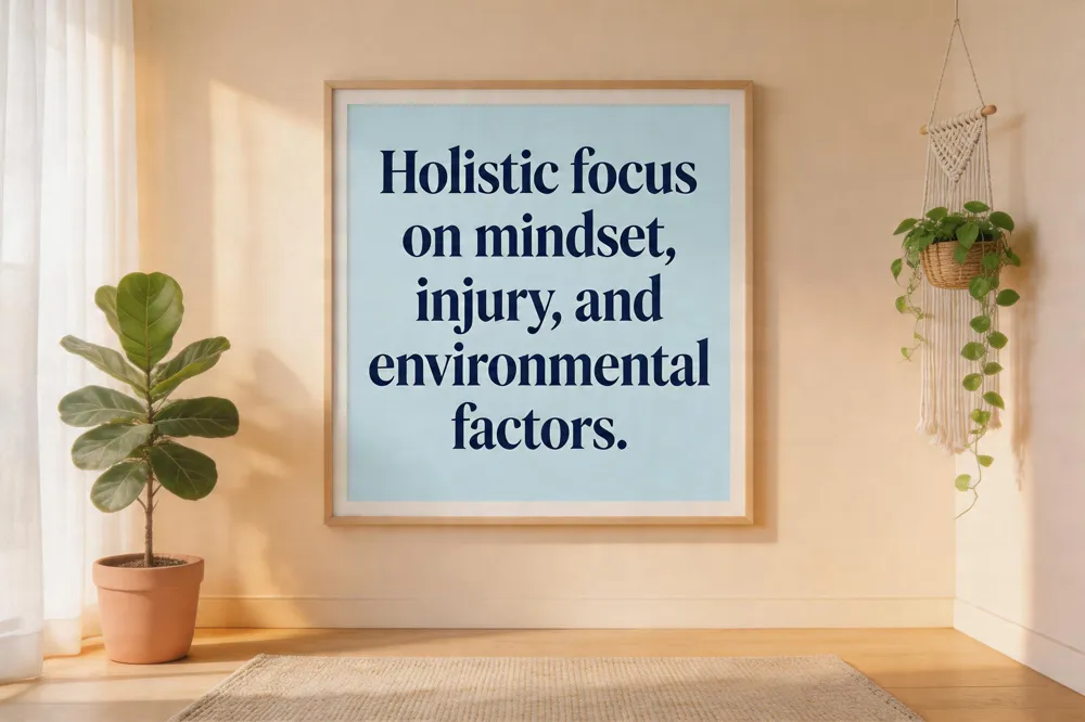 Holistic focus on mindset, injury, and environmental factors.