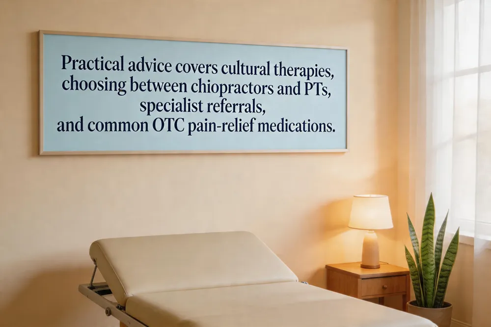 Practical advice covers cultural therapies, choosing between chiropractors and PTs, specialist referrals, and common OTC pain‑relief medications.