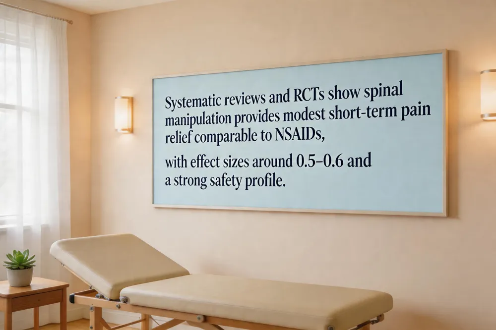 Systematic reviews and RCTs show spinal manipulation provides modest short‑term pain relief comparable to NSAIDs, with effect sizes around 0.5‑0.6 and a strong safety profile.