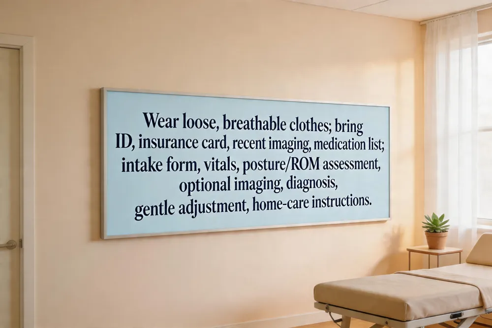 Wear loose, breathable clothes; bring ID, insurance card, recent imaging, medication list; intake form, vitals, posture/ROM assessment, optional imaging, diagnosis, gentle adjustment, home‑care instructions.