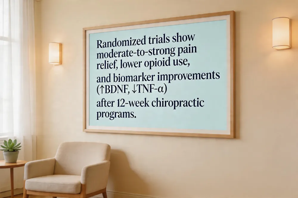 Randomized trials show moderate‑to‑strong pain relief, lower opioid use, and biomarker improvements (↑BDNF, ↓TNF‑α) after 12‑week chiropractic programs.