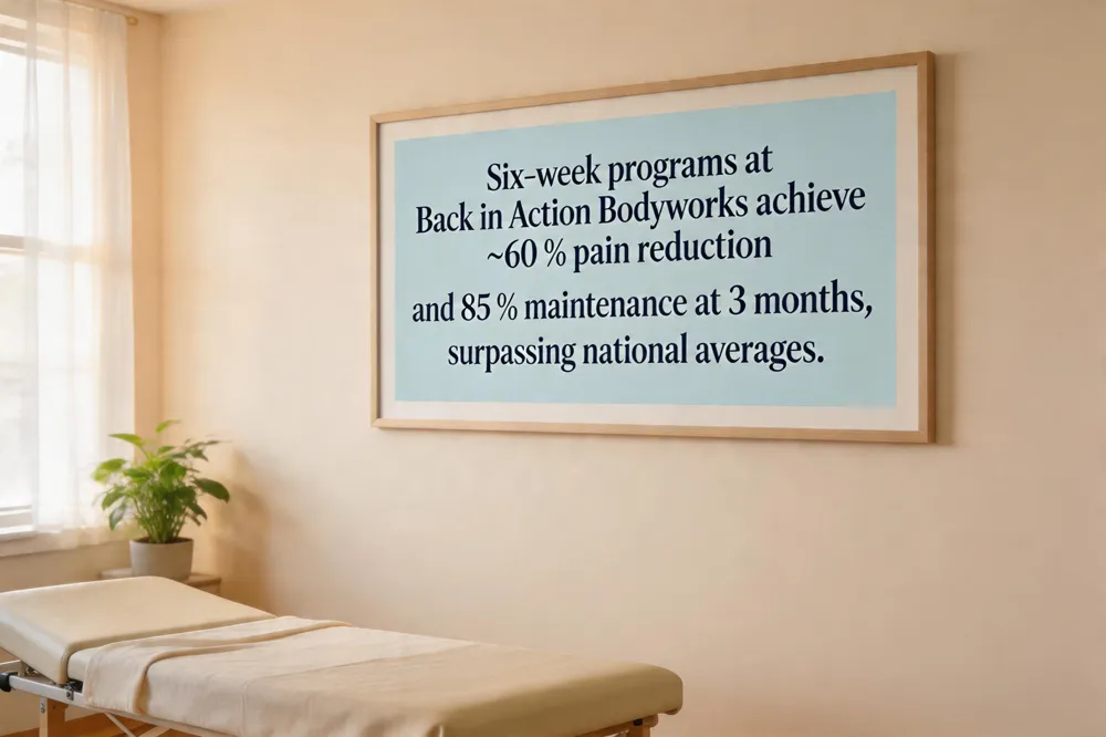 Six‑week programs at Back in Action Bodyworks achieve ~60 % pain reduction and 85 % maintenance at 3 months, surpassing national averages.