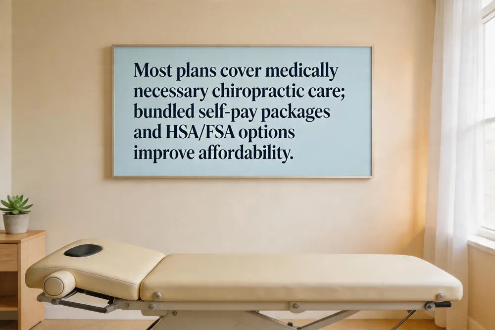 Most plans cover medically necessary chiropractic care; bundled self‑pay packages and HSA/FSA options improve affordability.