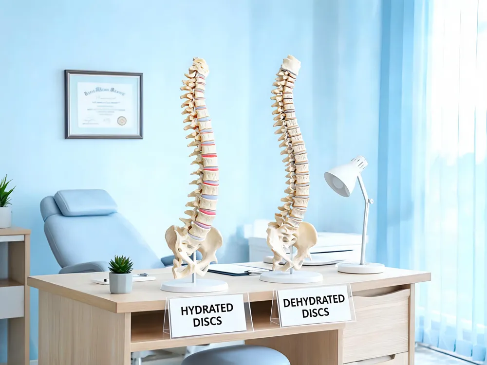 Cross‑section of a healthy intervertebral disc with high water content compared to a compressed, dehydrated disc.