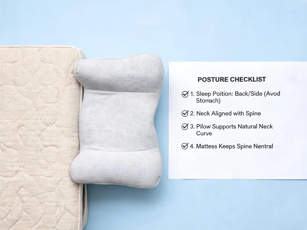 Flat lay of a cervical pillow, a medium‑firm mattress, and a checklist of daily habits like stretching and posture.