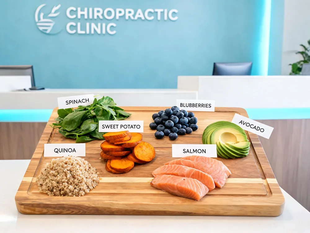 Assortment of nerve‑supporting superfoods: spinach, blueberries, sweet potato, avocado, quinoa, and salmon arranged on a wooden board.