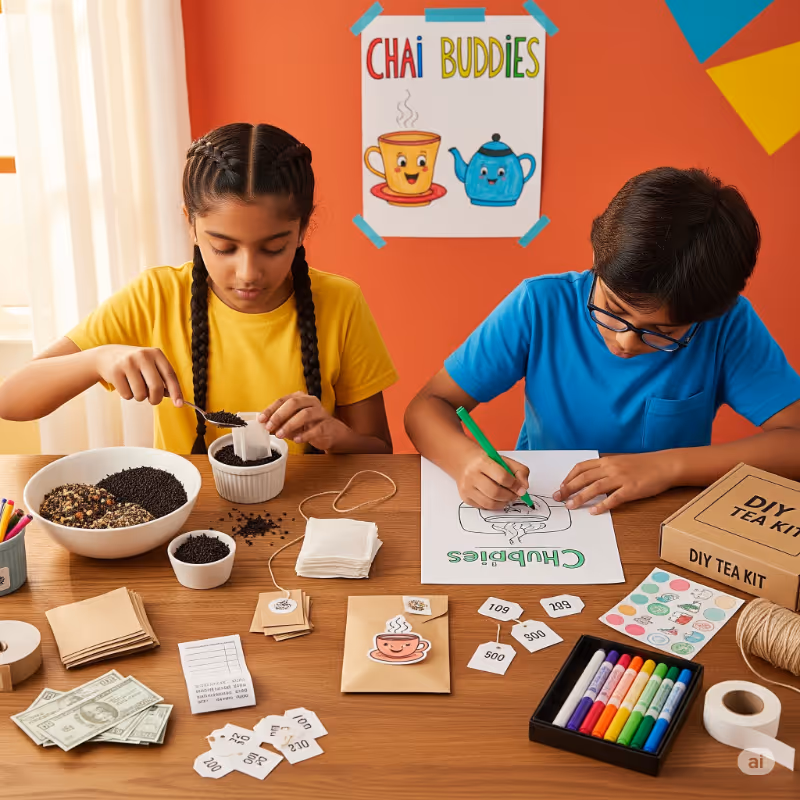Two children at a table making chai tea kits; the girl spoons tea into bags while the boy colors a 'Chubbies' sign, with various tea supplies and markers around them.